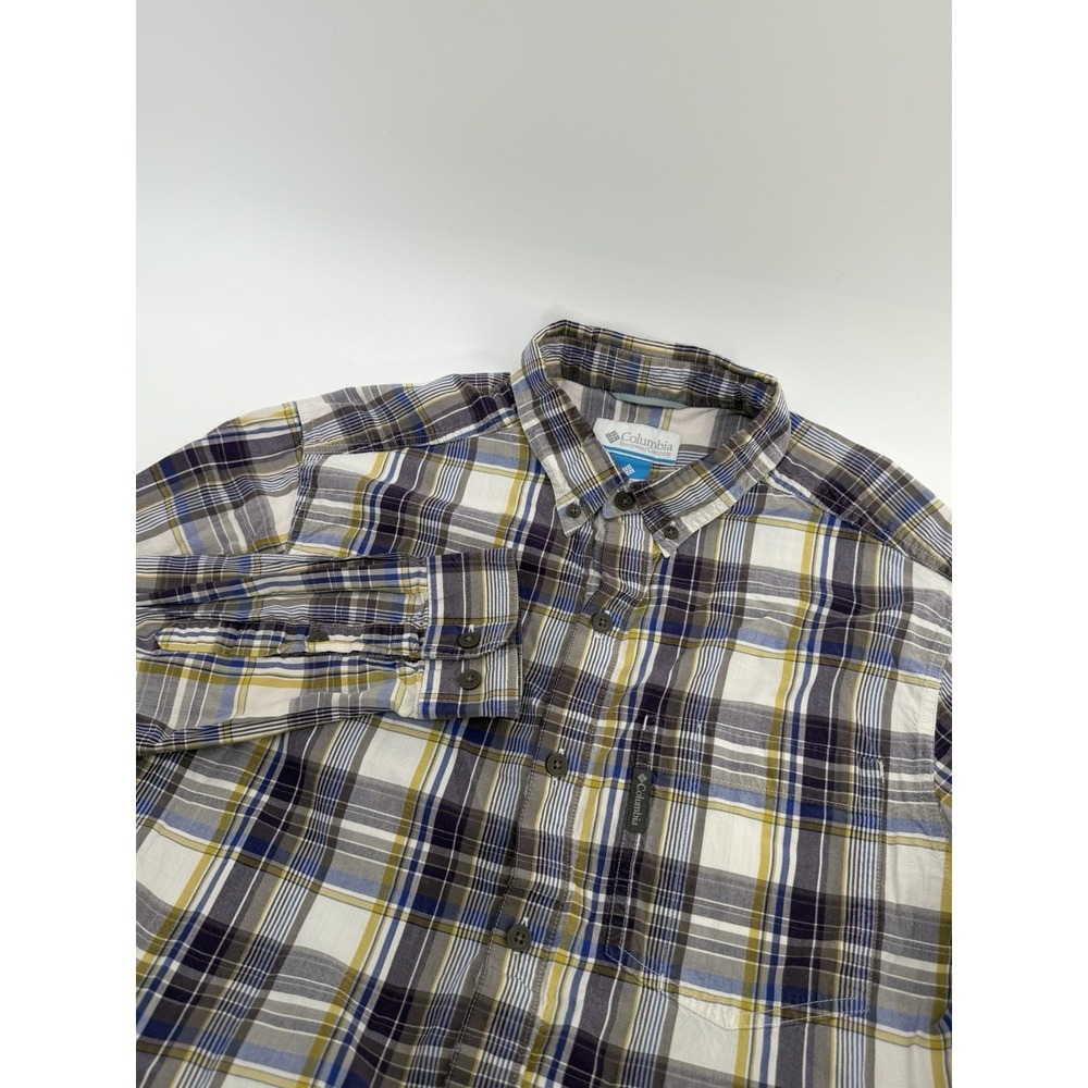 Columbia Mens Medium Plaid Button Down Shirt Long Sleeve Blue-White-Yellow